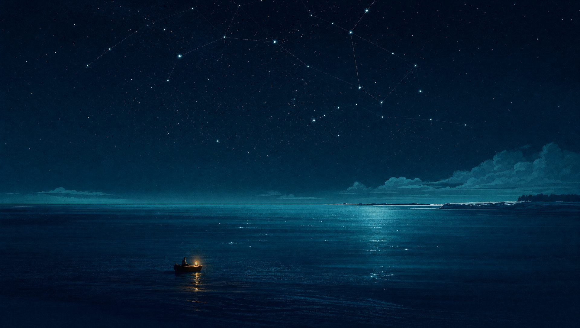 Weite Ostsee bei Nacht mit glitzernden Lichtpunkten auf den Wellen