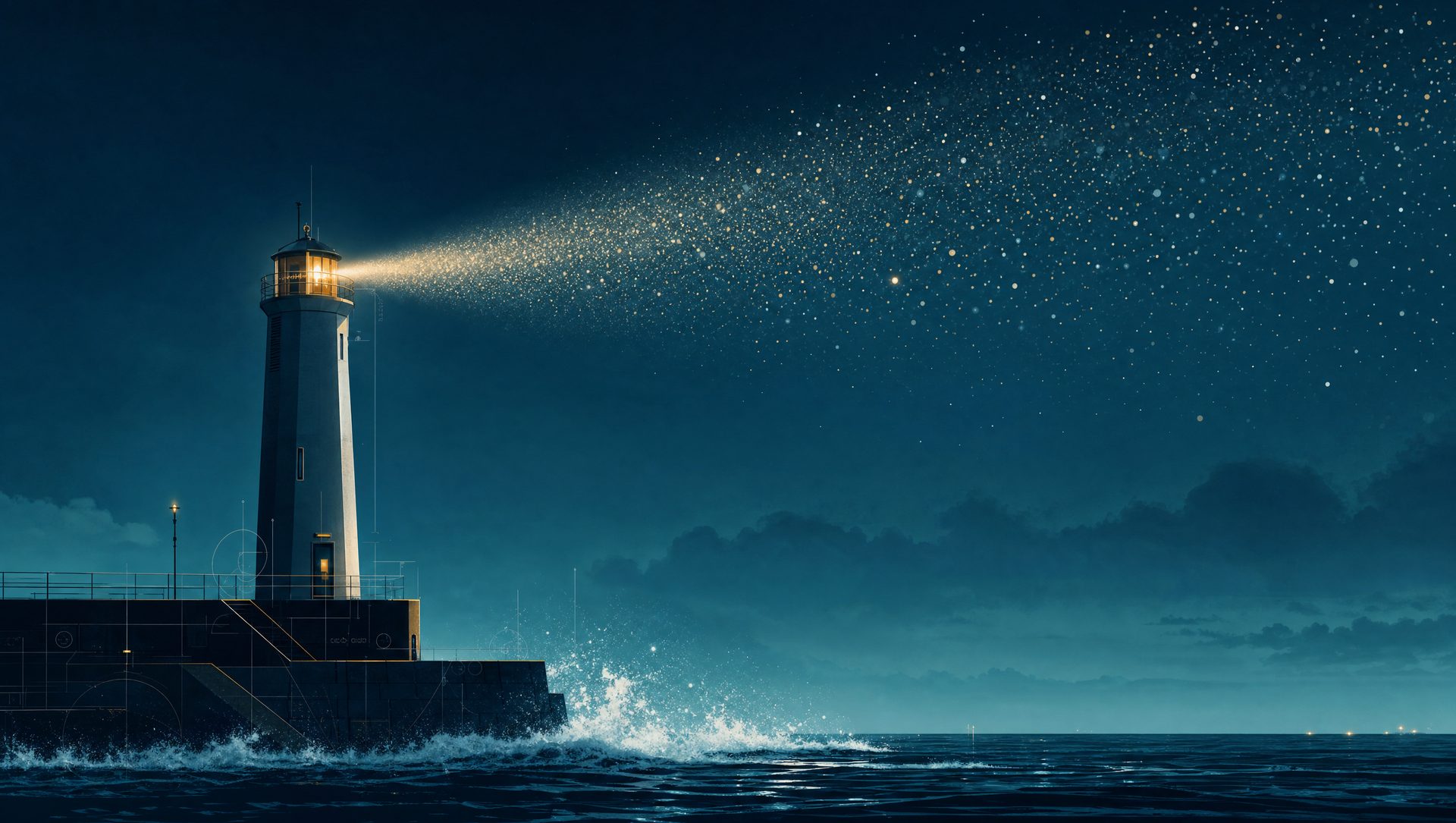 Leuchtturm in der Nacht, dessen Lichtkegel zu einem Strom aus Datenpunkten wird